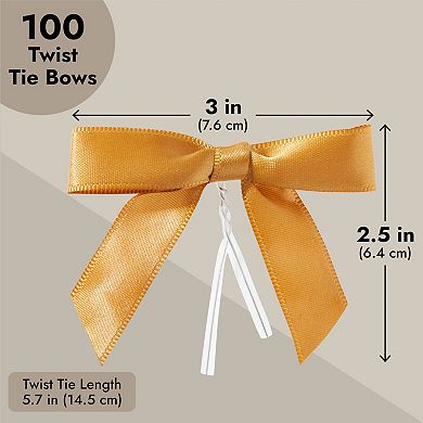 100-pack Twist Tie Bows, Metallic Gold Pre-tied Satin Ribbon, 2.5x3 In