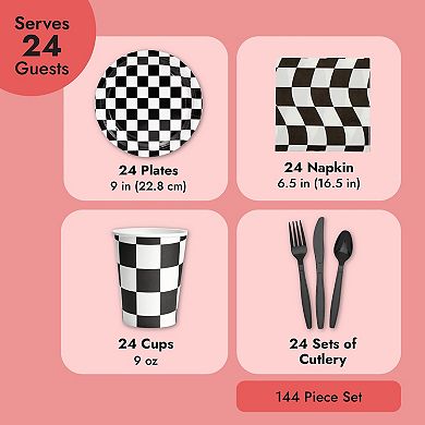 144 Piece Disposable Checkered Flag Plates, Cups, Napkins, Cutlery, Serves 24