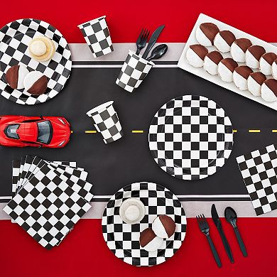 144 Piece Disposable Checkered Flag Plates, Cups, Napkins, Cutlery, Serves 24