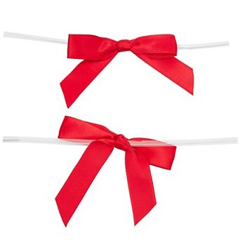 100 Pack Twist Tie Bows For Crafts, Pre-tied Satin Ribbon, 2.5 X 3.0 in Red