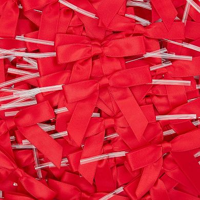100 Pack Twist Tie Bows For Crafts, Pre-tied Satin Ribbon, 2.5 X 3.0 In, Red