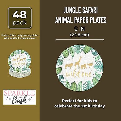48 Pack Wild One Plates For Birthday Party Baby Shower Jungle Safari Theme, 9 In