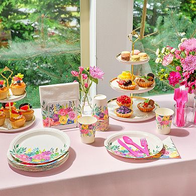 144-piece Floral Tea Party Pack - Plates, Napkins, Cups, Cutlery (serves 24)