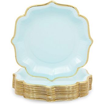 Light Blue Paper Party Plates With Gold Foil Scalloped Edging (9 in 48 Pack)