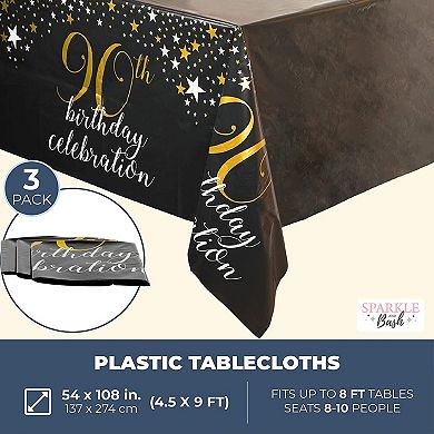 Black Plastic Tablecloth For 90th Birthday Party (54 X 108 In, 3 Pack)
