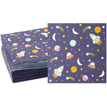50 Pack Rocket Ship Napkins For Outer Space Theme Birthday Party, Blue, 5 X 5 in