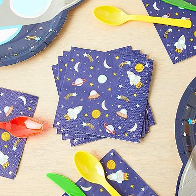 50 Pack Rocket Ship Napkins For Outer Space Theme Birthday Party, Blue, 5 X 5 In
