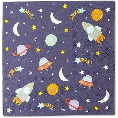 50 Pack Rocket Ship Napkins For Outer Space Theme Birthday Party, Blue, 5 X 5 In