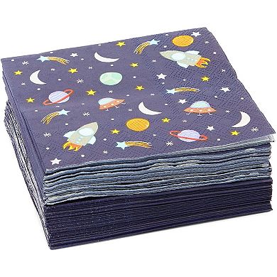 50 Pack Rocket Ship Napkins For Outer Space Theme Birthday Party, Blue, 5 X 5 In