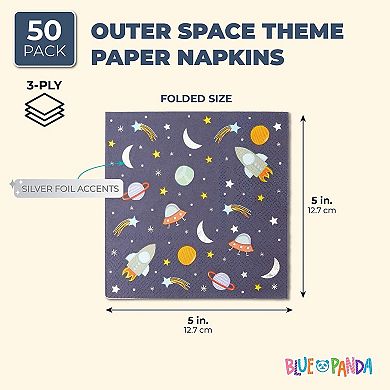 50 Pack Rocket Ship Napkins For Outer Space Theme Birthday Party, Blue, 5 X 5 In