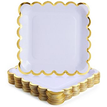 48 Pack Purple Paper Plates For Party, Scalloped Gold Border, 9 in