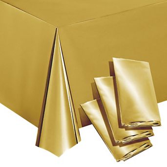 3 Pack Disposable Gold Plastic Tablecloths for Rectangle Tables, 108 x 54 in