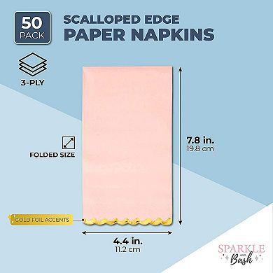 50 Pack Pink Paper Napkins With Scalloped Gold Foil Edges For Party, 4 X 8 In