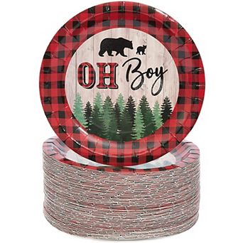 80 pc Oh Boy Lumberjack Plaid Disposable Paper Plates 7" For Baby Shower Party