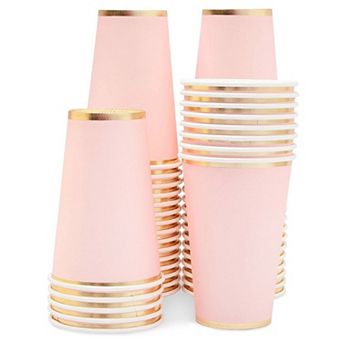 50-pack Pink Disposable Paper Cups, Light Pink W/ Gold Foil Party Supplies, 12oz