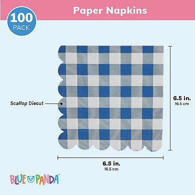 Blue Gingham Printed Paper Napkins For Summer Party (6.5 X 6.5 In, 100 Pack)