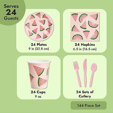 144 Pc Watermelon Party Supplies With Plates, Napkins, Cups, Cutlery, Serves 24