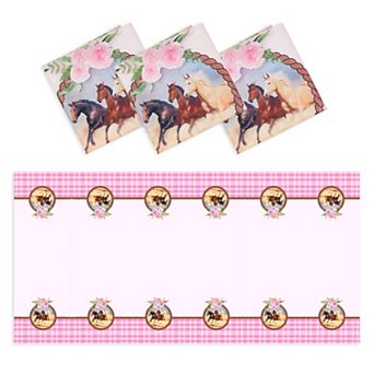 3 Pack Plastic Pink Horse Tablecloths For Cowgirl Birthday Party (54 X 108 in
