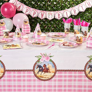 3 Pack Plastic Pink Horse Tablecloths For Cowgirl Birthday Party (54 X 108 In)