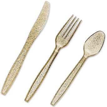 96 Pack Gold Glitter Plastic Silverware, Forks, Spoons, Knives (serves 32)
