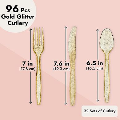 96 Pack Gold Glitter Plastic Silverware, Forks, Spoons, Knives (serves 32)