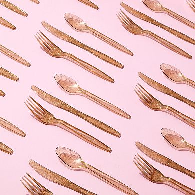 96 Pack Gold Glitter Plastic Silverware, Forks, Spoons, Knives (serves 32)