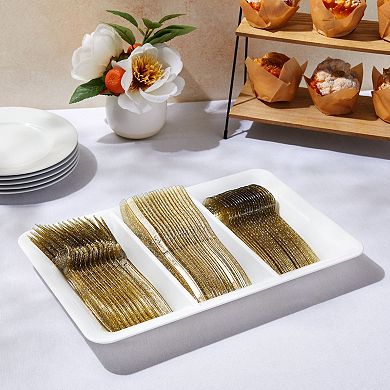 96 Pack Gold Glitter Plastic Silverware, Forks, Spoons, Knives (serves 32)