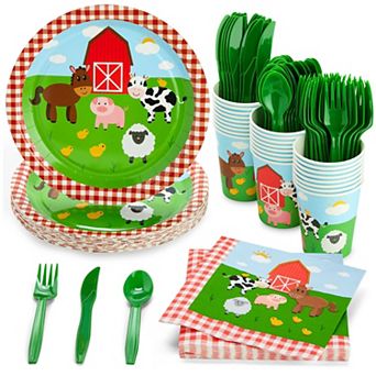 24 Set Kids Party Dinnerware With Plate Knife Spoon Fork Cup Napkin, Farm Animal