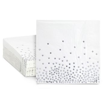 50 Pack White And Silver Paper Napkins, Foil Polka Dots, 3-ply, 6.5 X 6.5 In