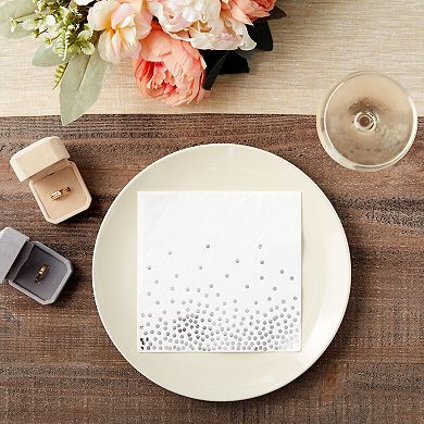 50 Pack White And Silver Paper Napkins, Foil Polka Dots, 3-ply, 6.5 X 6.5 In
