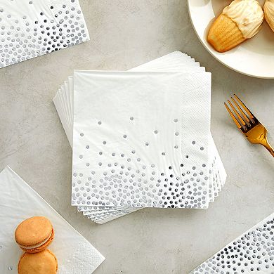 50 Pack White And Silver Paper Napkins, Foil Polka Dots, 3-ply, 6.5 X 6.5 In