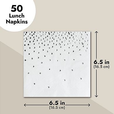 50 Pack White And Silver Paper Napkins, Foil Polka Dots, 3-ply, 6.5 X 6.5 In