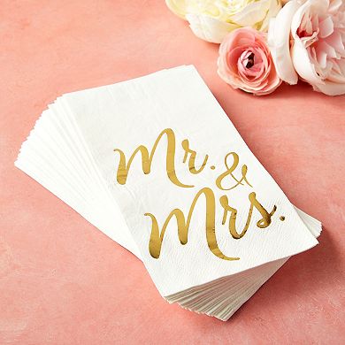 50 Pack Disposable Mr And Mrs Napkins For Wedding Dinner, Gold Foil, 4x8 In
