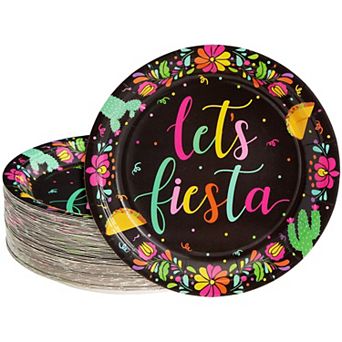 80 Pack Of Let's Fiesta Paper Plates For Cinco De Mayo Party Supplies, Black, 9"