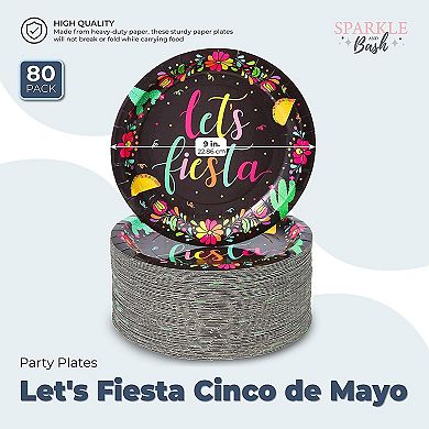80 Pack Of Let's Fiesta Paper Plates For Cinco De Mayo Party Supplies, Black, 9"