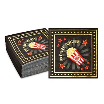 50 Pack Movie Night Napkins, 3-Ply Black Cocktail Paper Napkins, 5 x 5 Inch