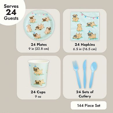 24 Set Disposable Party Dinnerware For Kids Birthdays Cute Dog Pugs Design