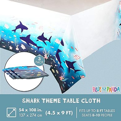 3 Pack Shark Themed Under The Sea Tablecloth, Disposable Table Cover 54 X 108 In