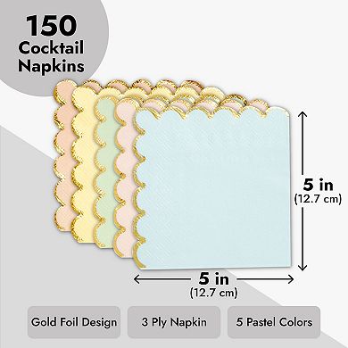150x Gold Foil Napkin With Scalloped Rainbow For Unicorn Party Decoration 5"