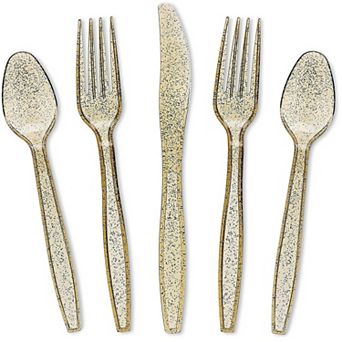 144 Pack Gold Glitter Plastic Silverware, Forks, Spoons, Knives (serves 48)