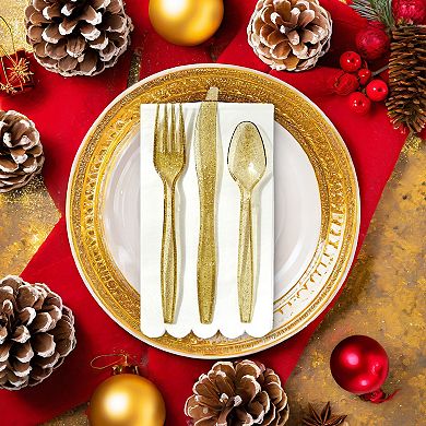 144 Pack Gold Glitter Plastic Silverware, Forks, Spoons, Knives (serves 48)