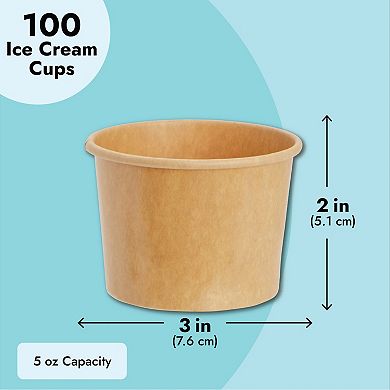 100 Pack Paper Ice Cream Sundae Cups, Disposable Frozen Dessert Bowls, 5 Oz