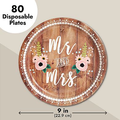 80x Bpa Free Disposable "mr Mrs" Rustic Wedding Theme Paper Plates, 9x9"
