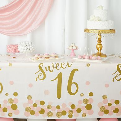 3-pack Sweet 16 Tablecloths For Girls Pink And Gold Birthday Party, 54x108 In