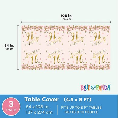3-pack Sweet 16 Tablecloths For Girls Pink And Gold Birthday Party, 54x108 In