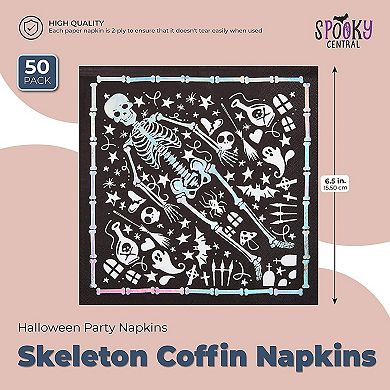 50 Pack Halloween Paper Napkins, Skeleton Coffin Cocktail Party Supplies 6.5”