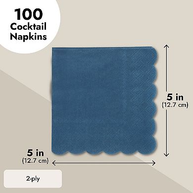 100 Pack Navy Blue Paper Napkins, 5x5 Scalloped Cocktail Napkins