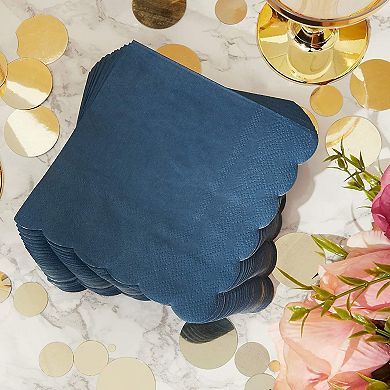 100 Pack Navy Blue Paper Napkins, 5x5 Scalloped Cocktail Napkins