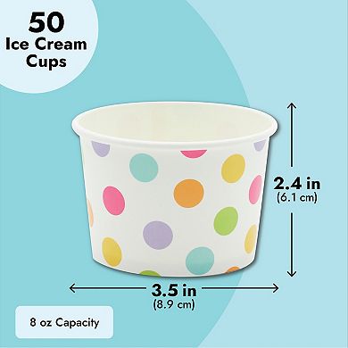 50 Pack Polka Dot Ice Cream Sundae Cups, Disposable Frozen Dessert Bowls, 8 Oz