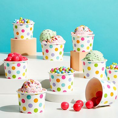 50 Pack Polka Dot Ice Cream Sundae Cups, Disposable Frozen Dessert Bowls, 8 Oz
